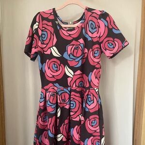 LuLaRoe Amelia dress, XL, pink floral patter on a black/grey background.